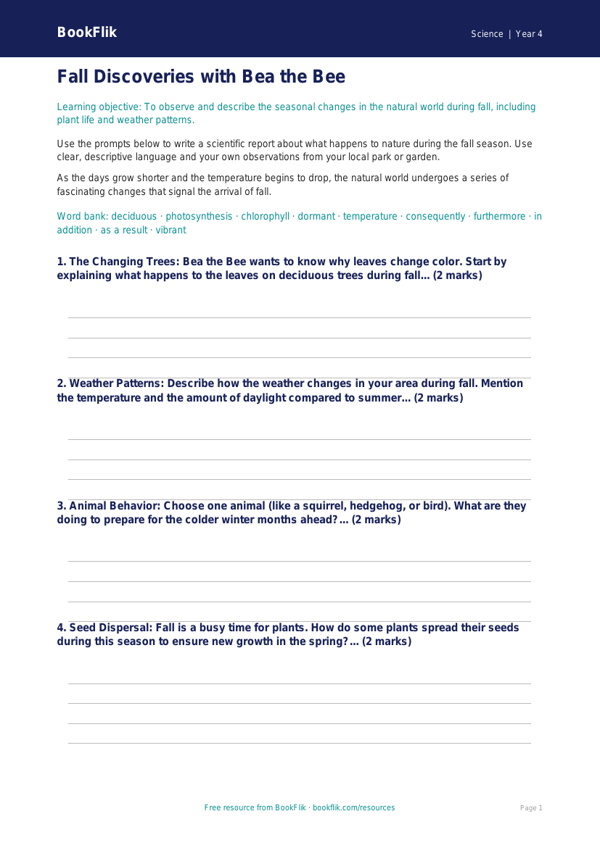 Science autumn science writing frame grade 3 core worksheet preview — Science Autumn Science
