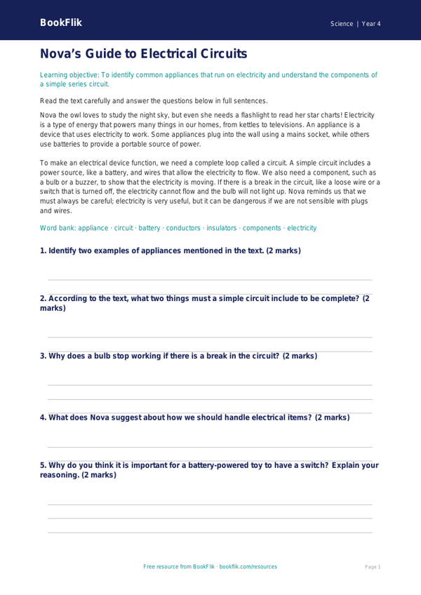 Free Electricity Comprehension | Grade 3 | Science | BookFlik worksheet preview — Science Electricity
