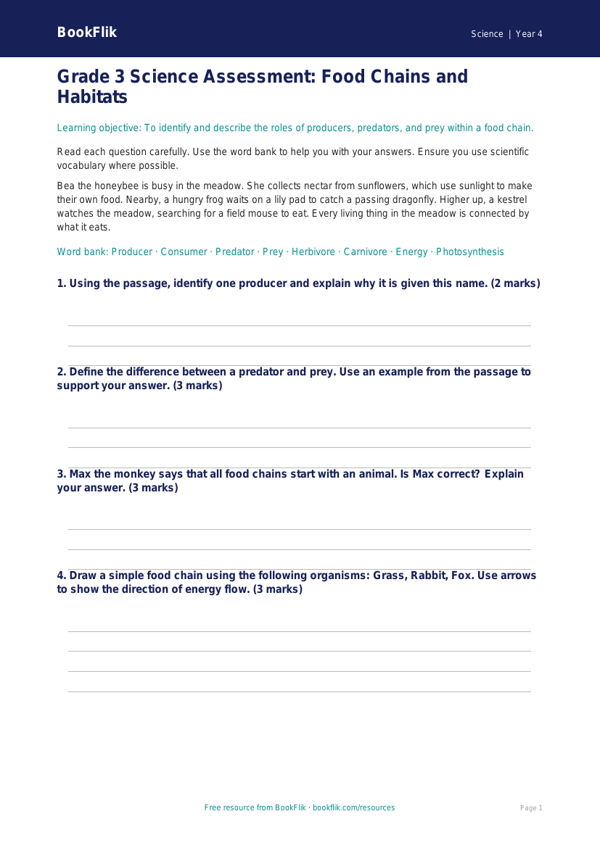 Science food chains assessment grade 3 core worksheet preview — Science Food Chains