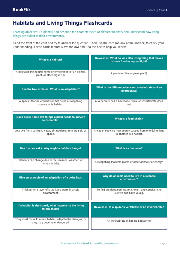 Free Habitats Flashcards | Grade 3 | Science | BookFlik worksheet preview — Science Habitats