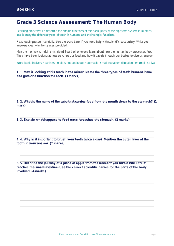 Free Human Body Assessment | Grade 3 | Science | BookFlik worksheet preview — Science Human Body