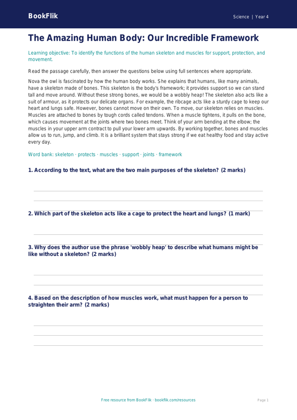 Free Human Body Comprehension | Grade 3 | Science | BookFlik worksheet preview — Science Human Body