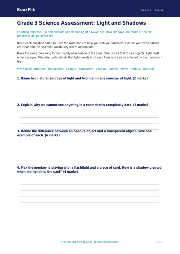 Science light assessment grade 3 core worksheet preview — Science Light
