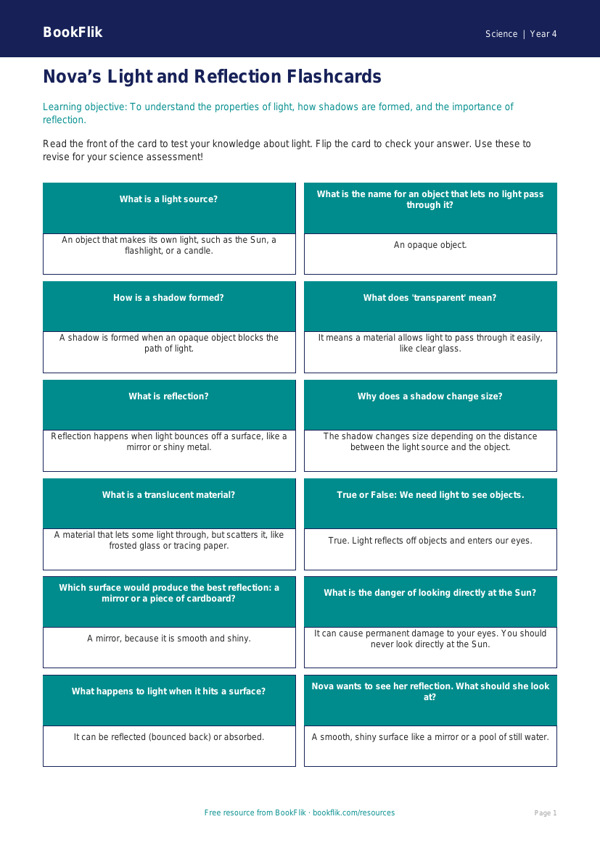 Science light flashcards grade 3 core worksheet preview — Science Light
