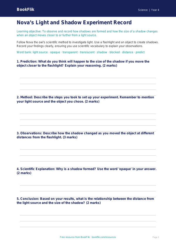 Free Light Template | Grade 3 | Science | BookFlik worksheet preview — Science Light