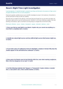 Free Light Worksheet | Grade 3 | Science | BookFlik