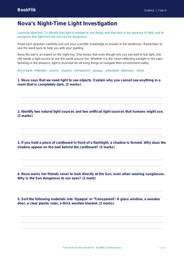 Free Light Worksheet | Grade 3 | Science | BookFlik worksheet preview — Science Light
