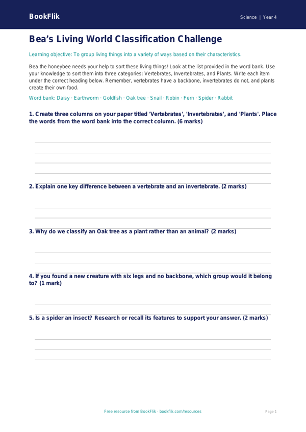 Free Living Things Activity Sheet | Grade 3 | Science | BookFlik worksheet preview — Science Living Things