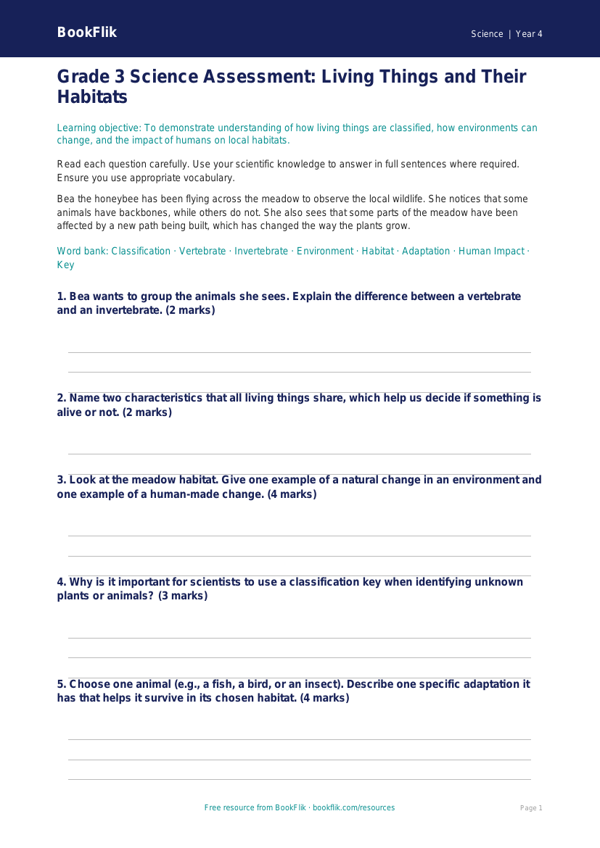 Science living things assessment grade 3 core worksheet preview — Science Living Things