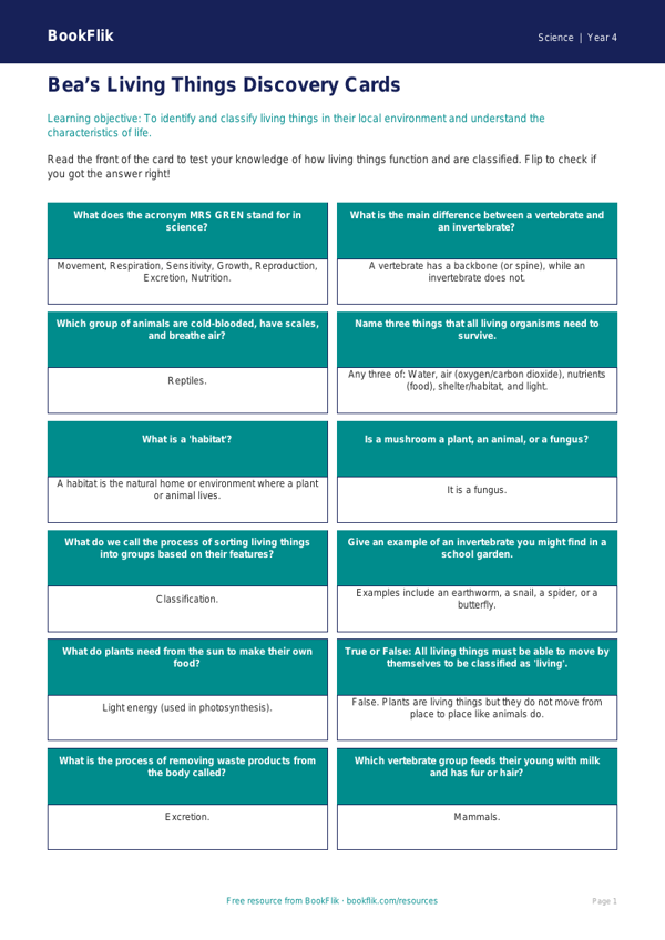 Free Living Things Flashcards | Grade 3 | Science | BookFlik worksheet preview — Science Living Things