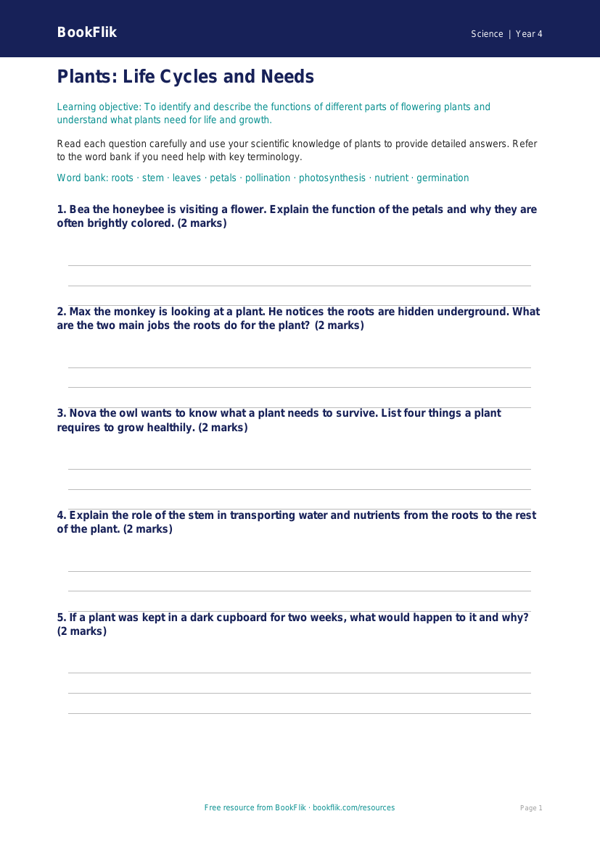 Free Plants Worksheet | Grade 3 | Science | BookFlik worksheet preview — Science Plants