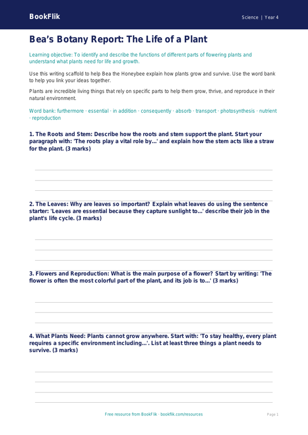 Science plants writing frame grade 3 core worksheet preview — Science Plants
