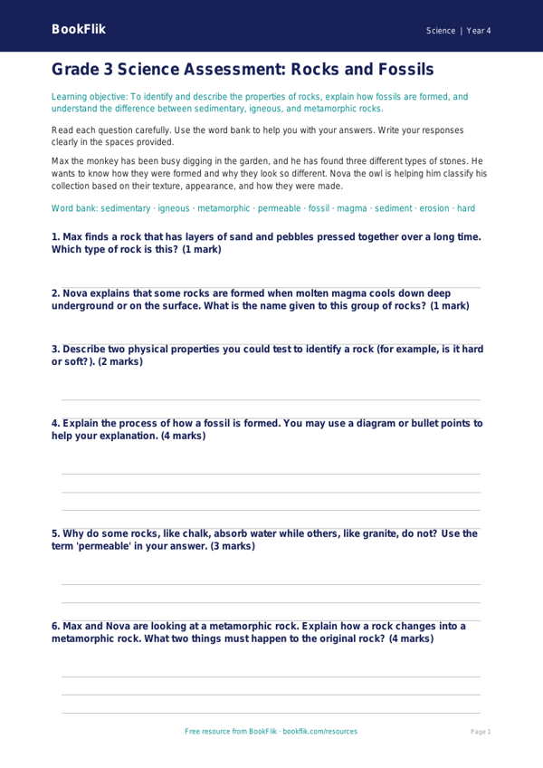 Free Rocks Assessment | Grade 3 | Science | BookFlik worksheet preview — Science Rocks