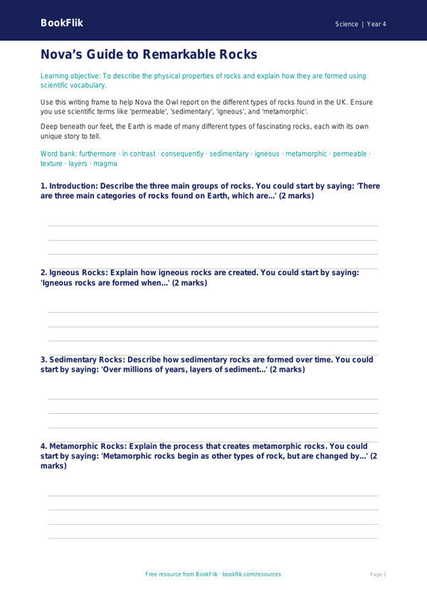 Free Rocks Writing Frame | Grade 3 | Science | BookFlik worksheet preview — Science Rocks