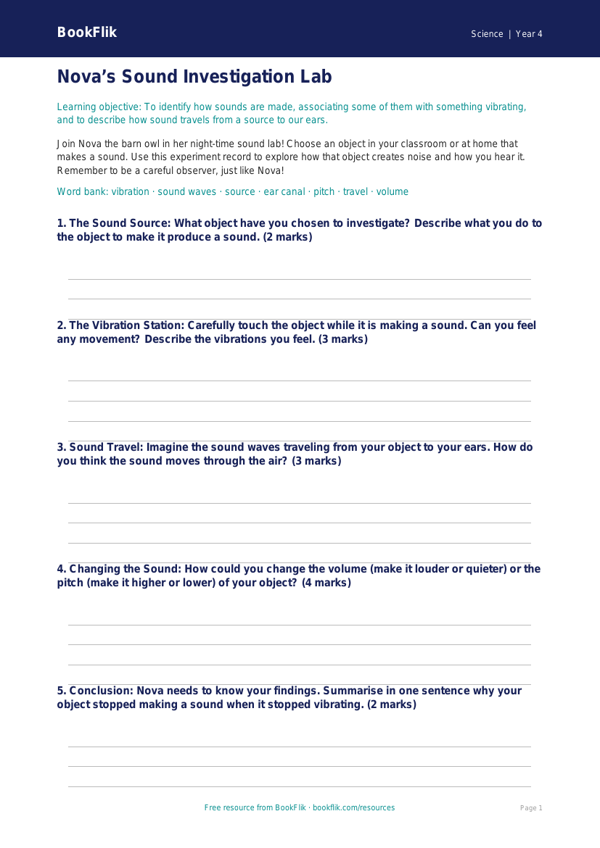 Free Sound Template | Grade 3 | Science | BookFlik worksheet preview — Science Sound
