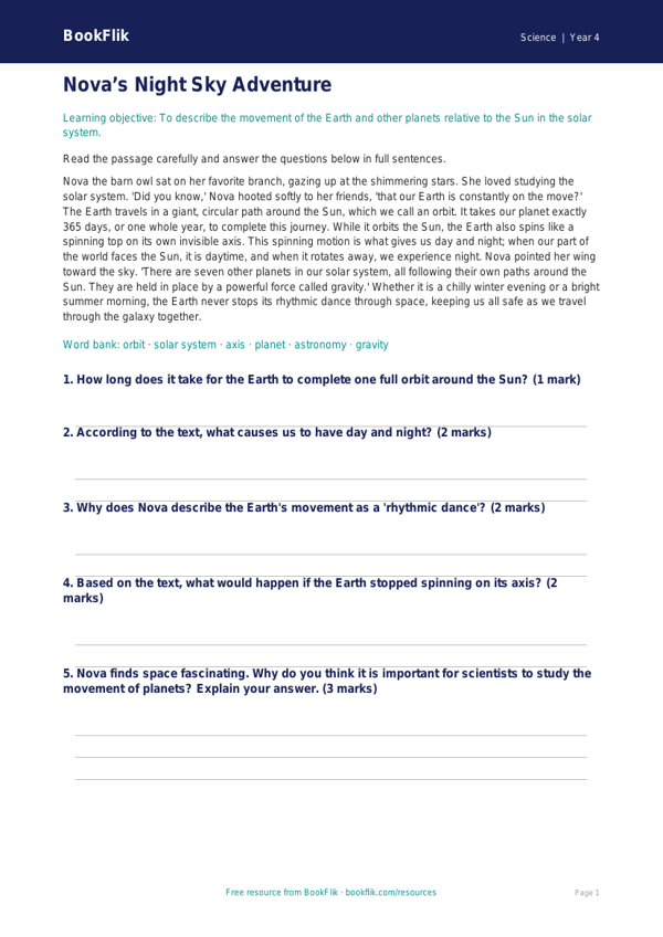 Free Space Comprehension | Grade 3 | Science | BookFlik worksheet preview — Science Space