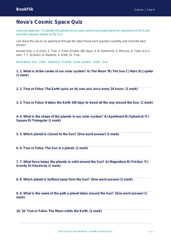 Science space quiz grade 3 core worksheet preview — Science Space