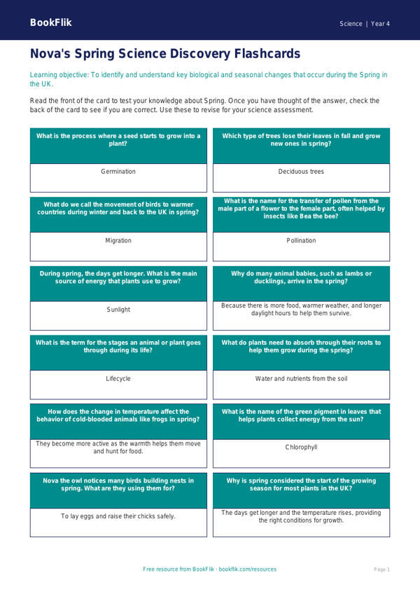 Free Spring Science Flashcards | Grade 3 | Science | BookFlik worksheet preview — Science Spring Science