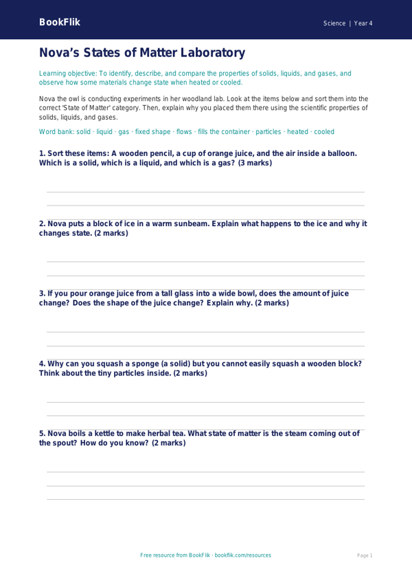 Free States Of Matter Activity Sheet | Grade 3 | Science | BookFlik worksheet preview — Science States Of Matter
