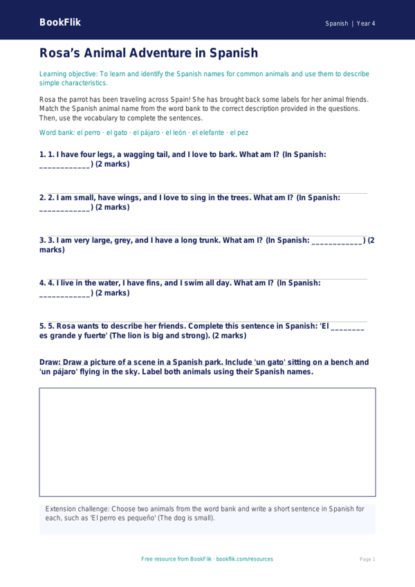Spanish animals activity sheet grade 3 core worksheet preview — Spanish Animals