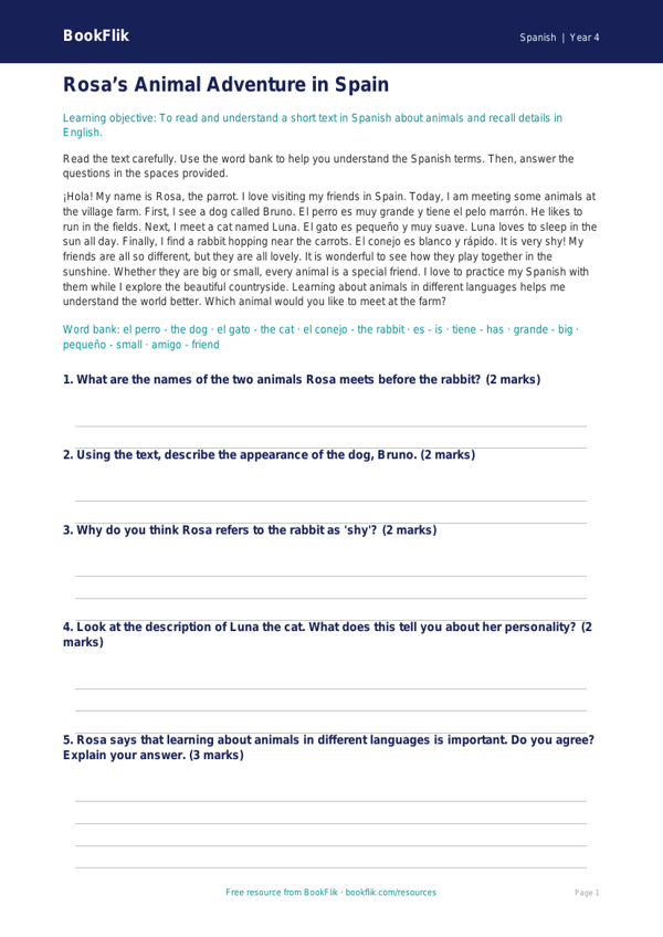 Spanish animals comprehension grade 3 core worksheet preview — Spanish Animals