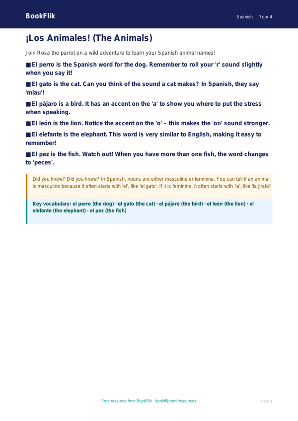 Free Animals Poster | Grade 3 | Spanish | BookFlik worksheet preview — Spanish Animals