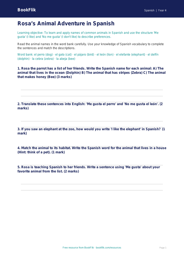 Free Spanish Animals Worksheet | Grade 3 | BookFlik worksheet preview — Spanish Animals