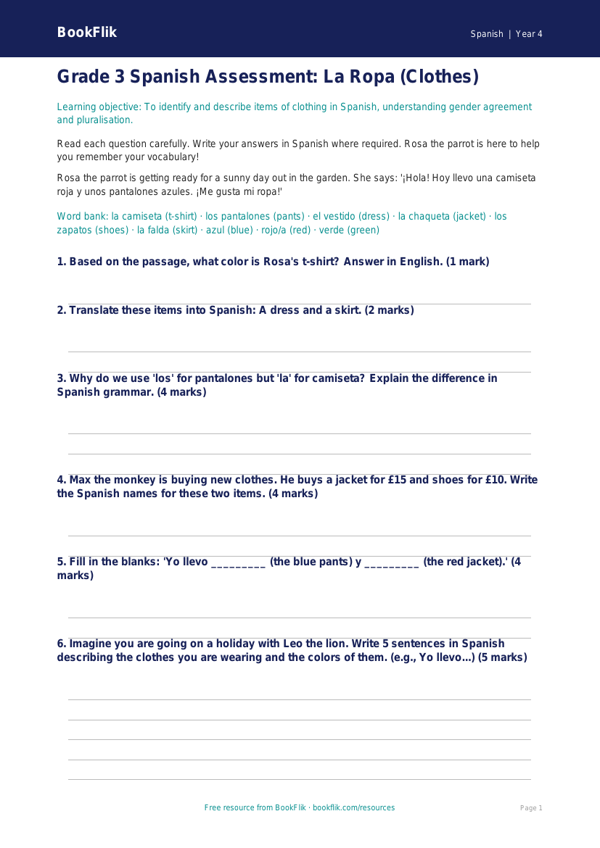 Free Clothes Assessment | Grade 3 | Spanish | BookFlik worksheet preview — Spanish Clothes