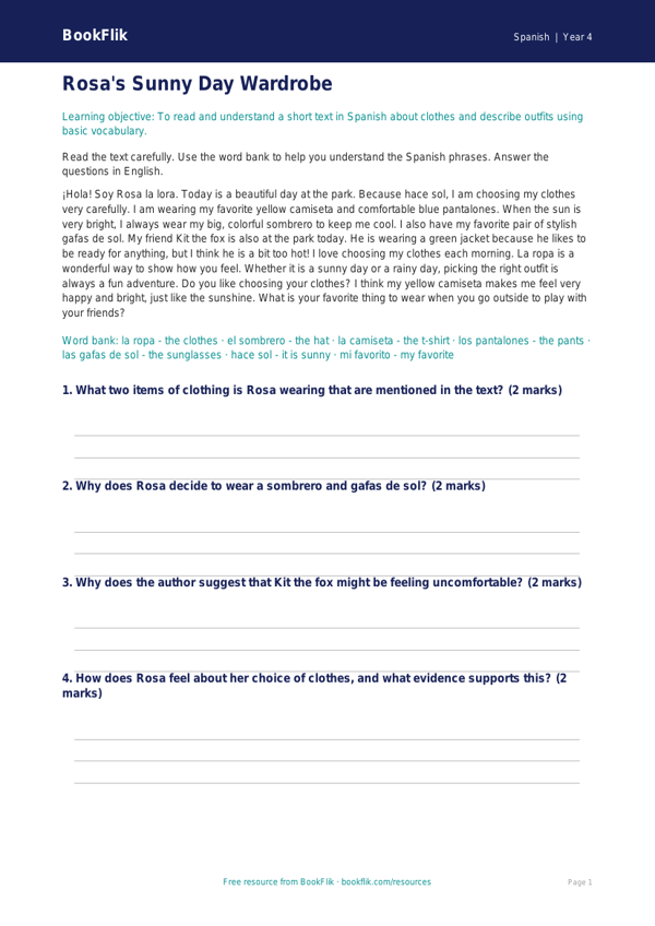 Spanish clothes comprehension grade 3 core worksheet preview — Spanish Clothes