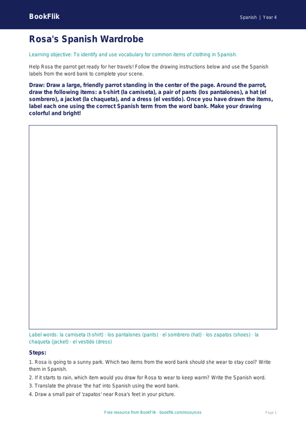 Spanish clothes drawing sheet grade 3 core worksheet preview — Spanish Clothes