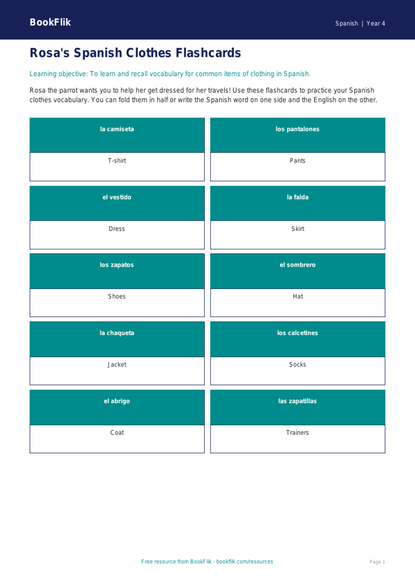 Free Clothes Flashcards | Grade 3 | Spanish | BookFlik worksheet preview — Spanish Clothes