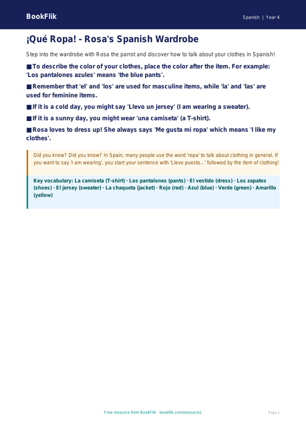 Free Clothes Poster | Grade 3 | Spanish | BookFlik worksheet preview — Spanish Clothes