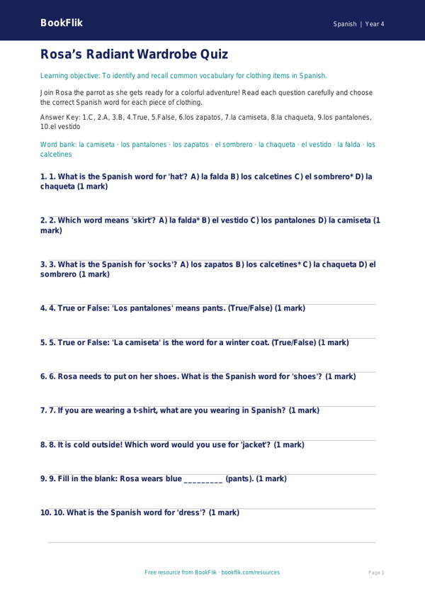 Free Clothes Quiz | Grade 3 | Spanish | BookFlik worksheet preview — Spanish Clothes