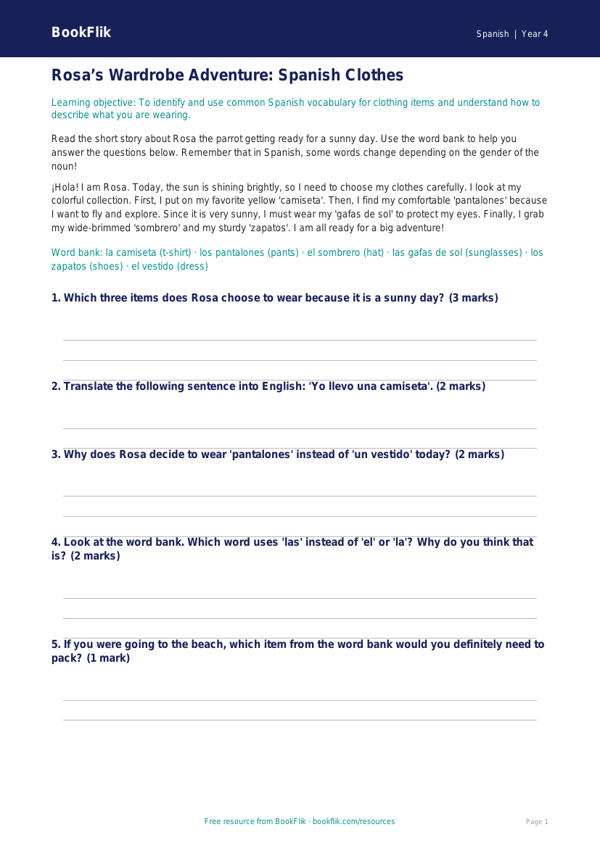 Free Clothes Track Sheet | Grade 3 | Spanish | BookFlik worksheet preview — Spanish Clothes