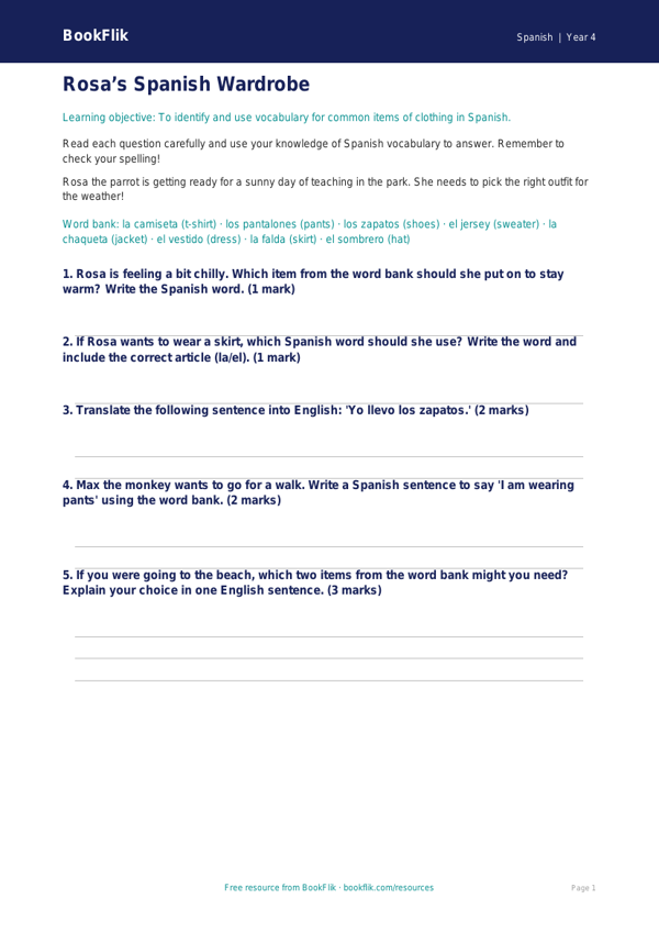 Free Clothes Worksheet | Grade 3 | Spanish | BookFlik worksheet preview — Spanish Clothes