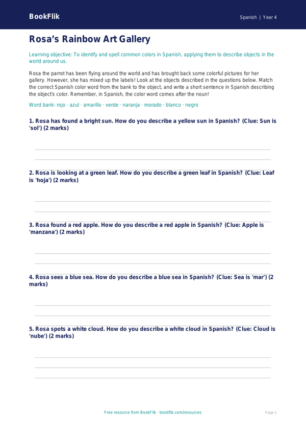 Free Spanish Colors Worksheet | Grade 3 | US Common Core worksheet preview — Spanish Colours