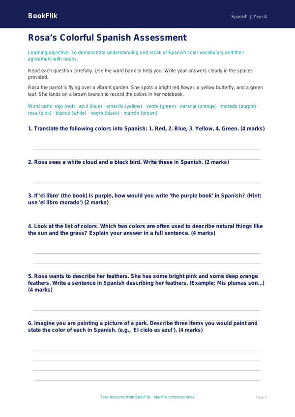 Free Spanish Colors Lesson for Grade 3 | BookFlik worksheet preview — Spanish Colours
