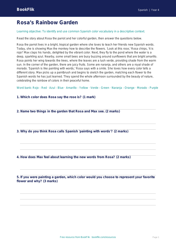 Free Spanish Colors Lesson | Grade 3 | Common Core | BookFlik worksheet preview — Spanish Colours