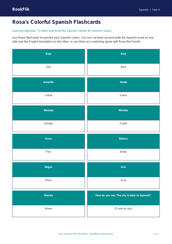 Free Spanish Colours Flashcards for Grade 3 | US Common Core worksheet preview — Spanish Colours