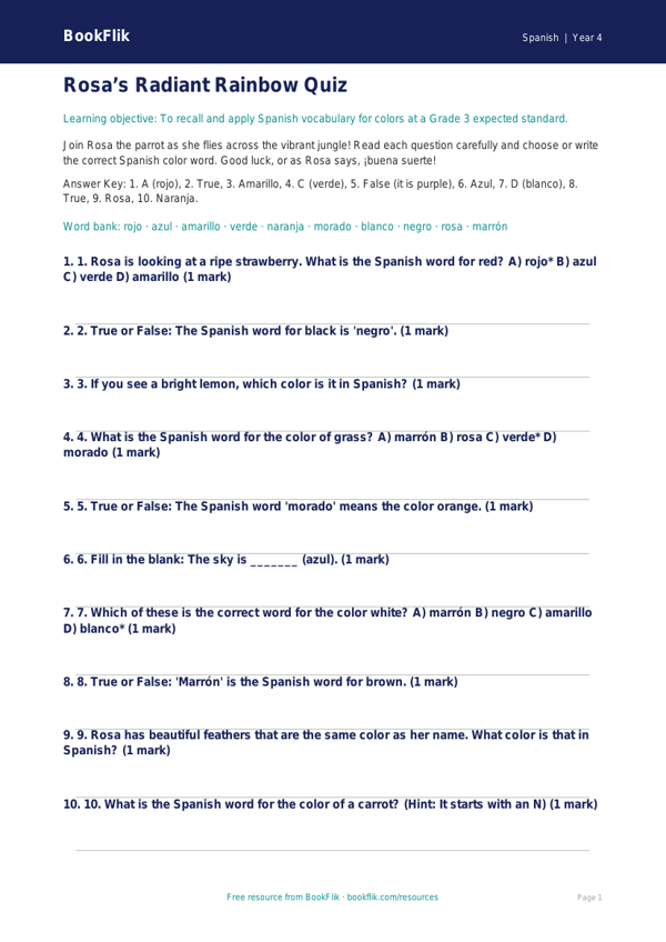 Free Colors Quiz | Grade 3 Spanish | BookFlik worksheet preview — Spanish Colours