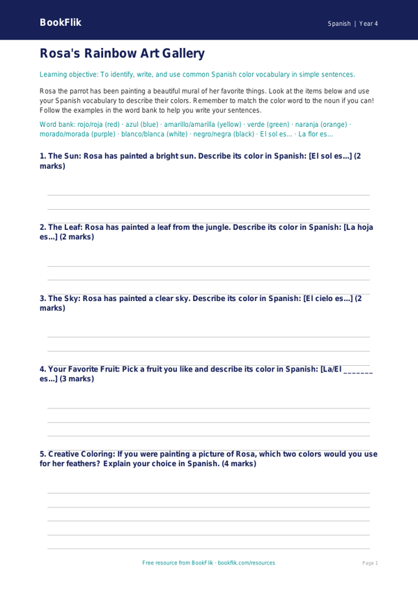 Free Spanish Colors Worksheet | Grade 3 | US Common Core worksheet preview — Spanish Colours