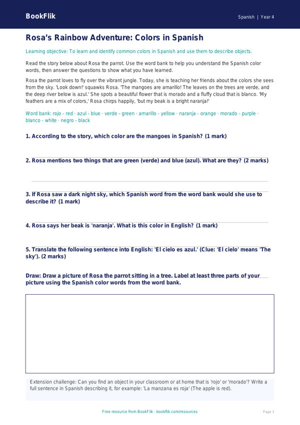 Free Colours Track Sheet for Grade 3 - Learn Spanish Colors with BookFlik worksheet preview — Spanish Colours