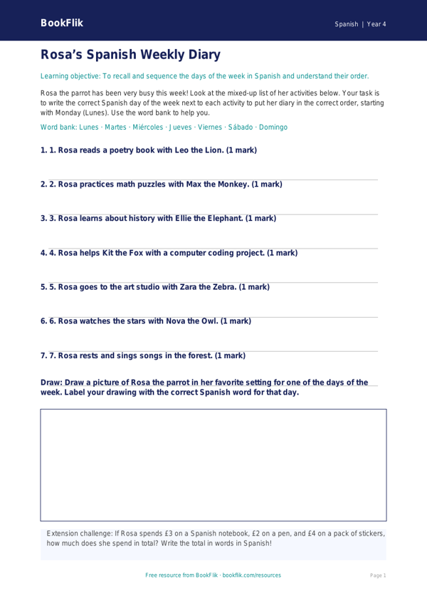 Spanish days of the week activity sheet grade 3 core worksheet preview — Spanish Days Of The Week
