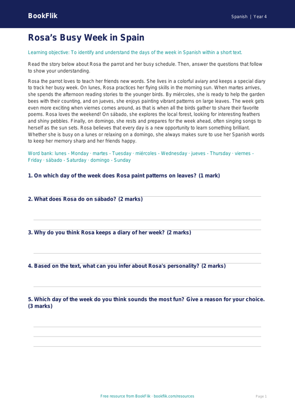 Free Days Of The Week Comprehension | Grade 3 | Spanish | BookFlik worksheet preview — Spanish Days Of The Week