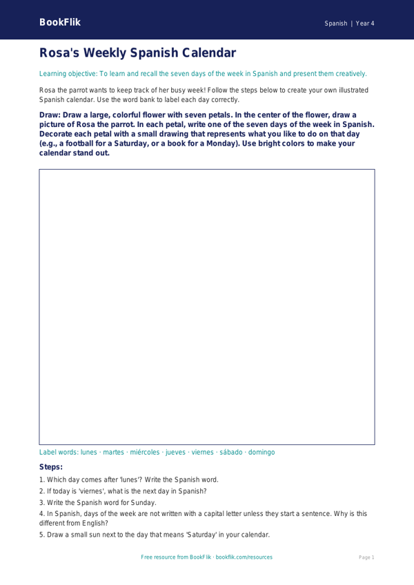 Spanish days of the week drawing sheet grade 3 core worksheet preview — Spanish Days Of The Week