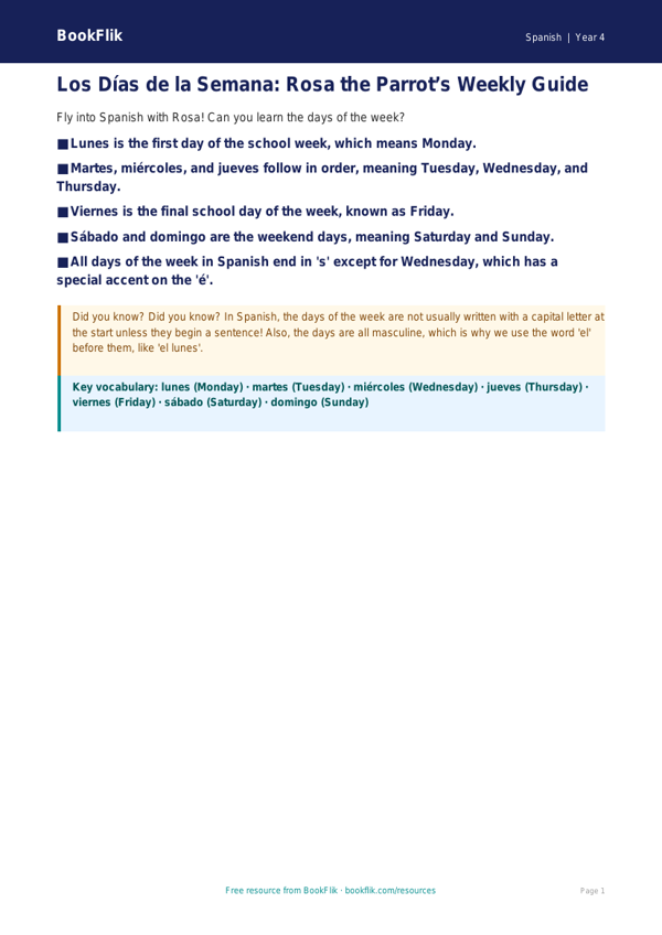 Free Days of the Week Poster | Grade 3 | Spanish | BookFlik worksheet preview — Spanish Days Of The Week