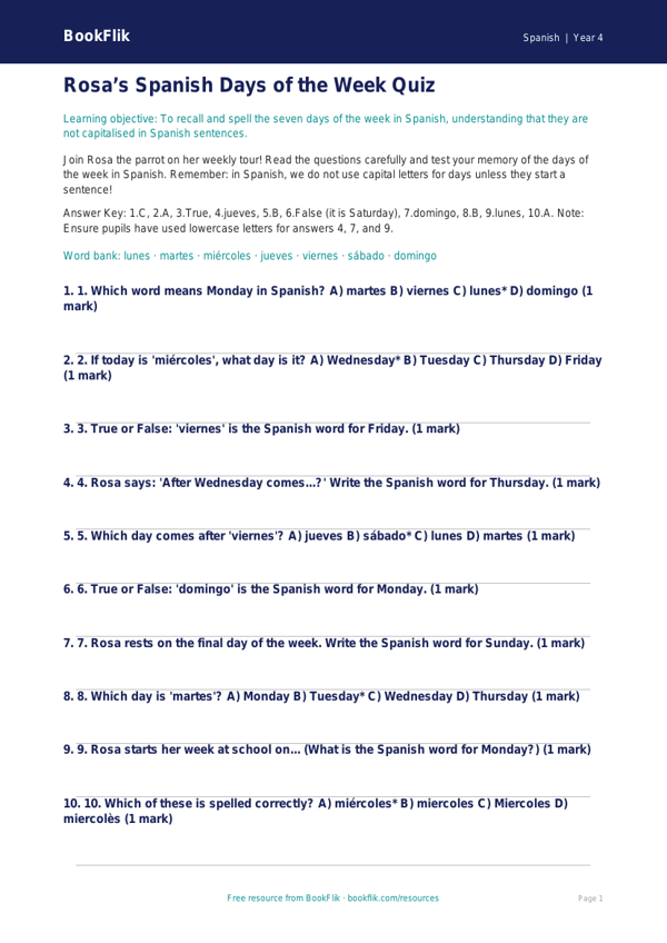 Free Days Of The Week Quiz | Grade 3 | Spanish | BookFlik worksheet preview — Spanish Days Of The Week