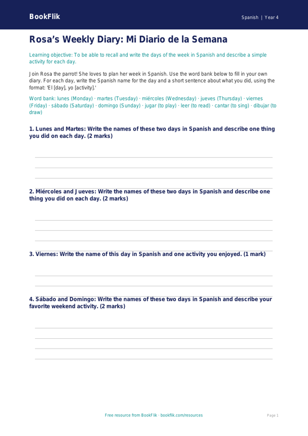 Spanish days of the week template grade 3 core worksheet preview — Spanish Days Of The Week