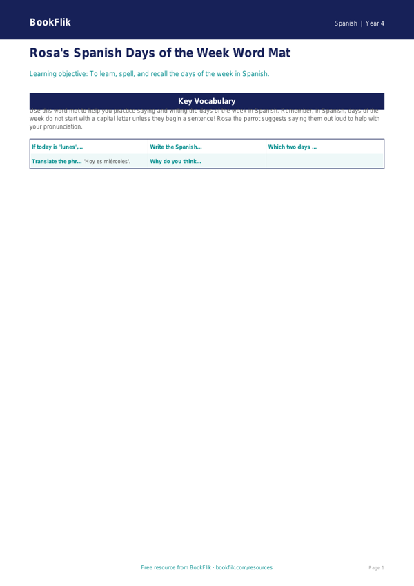 Free Days Of The Week Word Mat | Grade 3 | Spanish | BookFlik worksheet preview — Spanish Days Of The Week