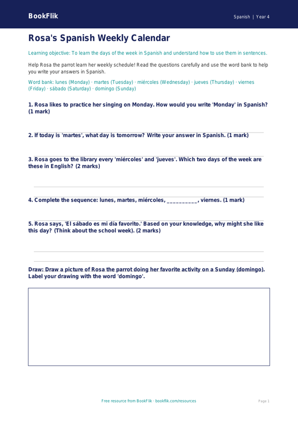 Free Days of the Week Worksheet | Grade 3 | Spanish | BookFlik worksheet preview — Spanish Days Of The Week
